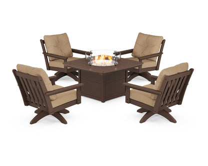 POLYWOOD® Vineyard 5-Piece Deep Seating Swivel Conversation Set with Fire Pit Table in Mahogany / Sesame