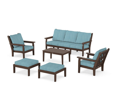 POLYWOOD® Chippendale 6-Piece Lounge Sofa Set in Mahogany / Lattice Sky Blue