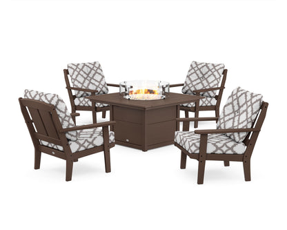 POLYWOOD® Mission 5-Piece Deep Seating Set with Fire Pit Table in Mahogany / Trellis Grey Mist