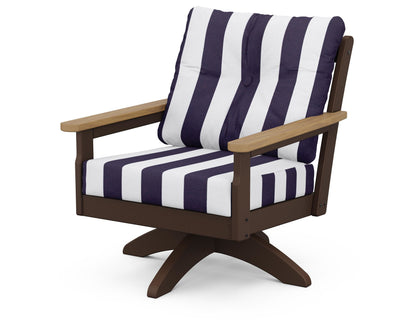 POLYWOOD® Vineyard Deep Seating Swivel Chair in Mahogany / Natural / Cabana Stripe Navy