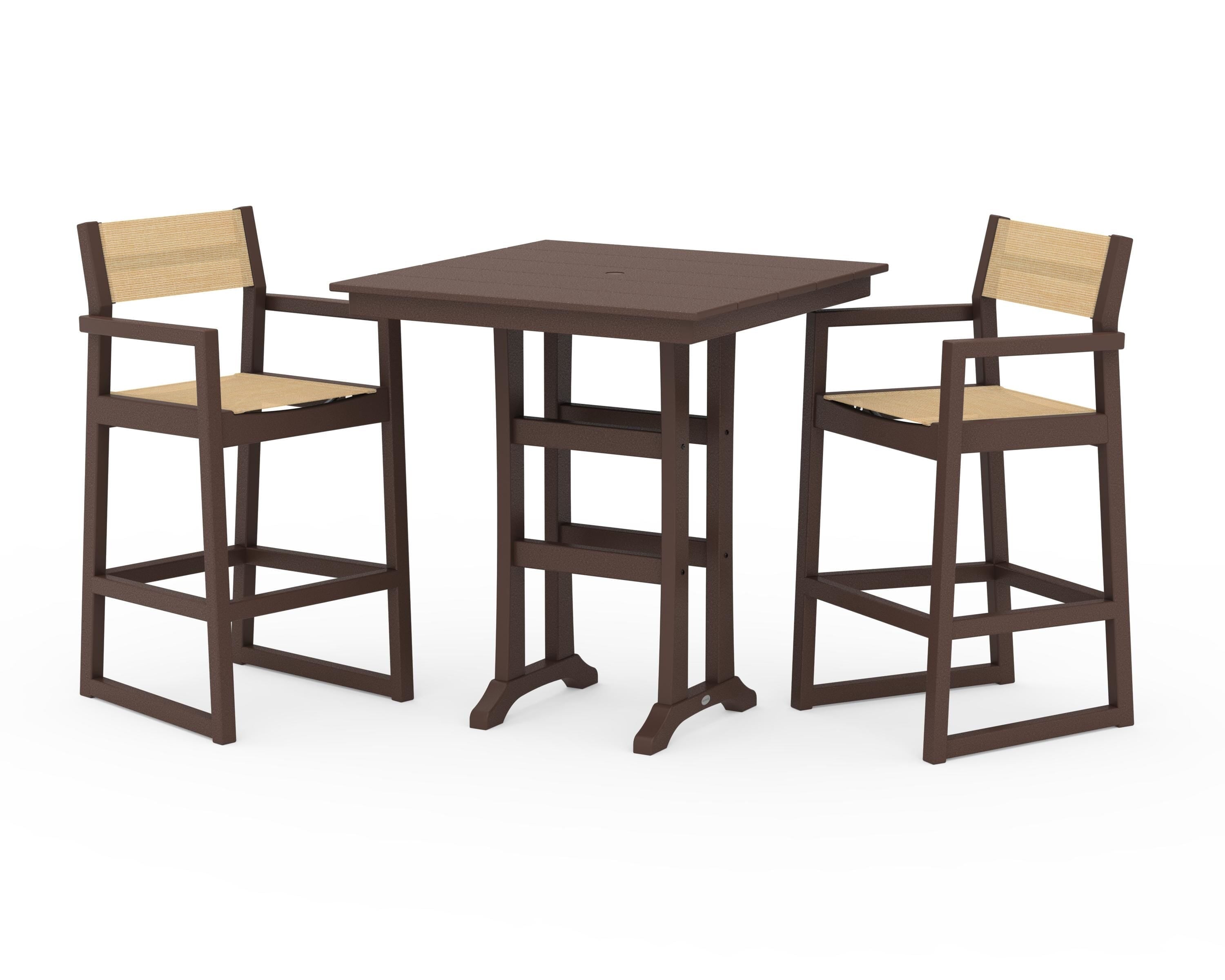 POLYWOOD® EDGE Sling Arm Chair 3-Piece Farmhouse Bar Set with Trestle Legs in Mahogany / Dupioni Apricot Sling