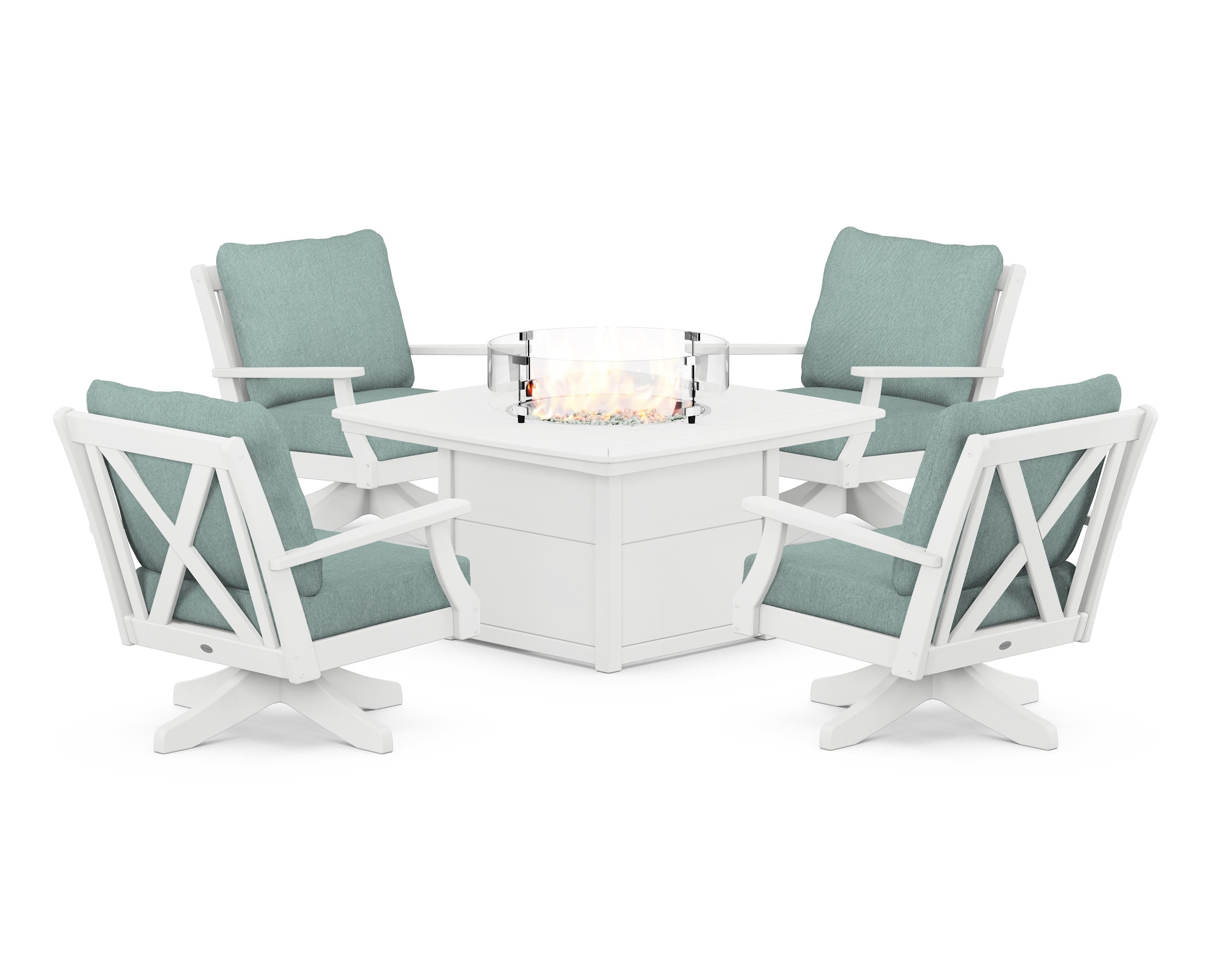 POLYWOOD® Braxton 5-Piece Deep Seating Swivel Conversation Set with Fire Pit Table in White / Glacier Spa