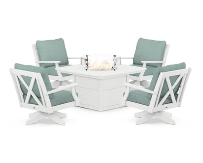 POLYWOOD® Braxton 5-Piece Deep Seating Swivel Conversation Set with Fire Pit Table in White / Glacier Spa
