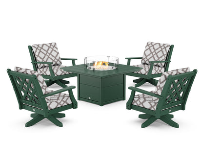 Country Living Wovendale 5-Piece Deep Seating Swivel Conversation Set with Fire Pit Table in Green / Trellis Grey Mist
