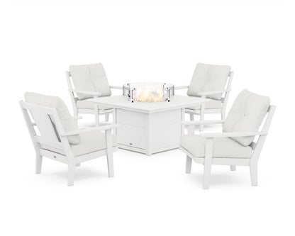 POLYWOOD® Prairie 5-Piece Deep Seating Set with Fire Pit Table in White / Natural Linen