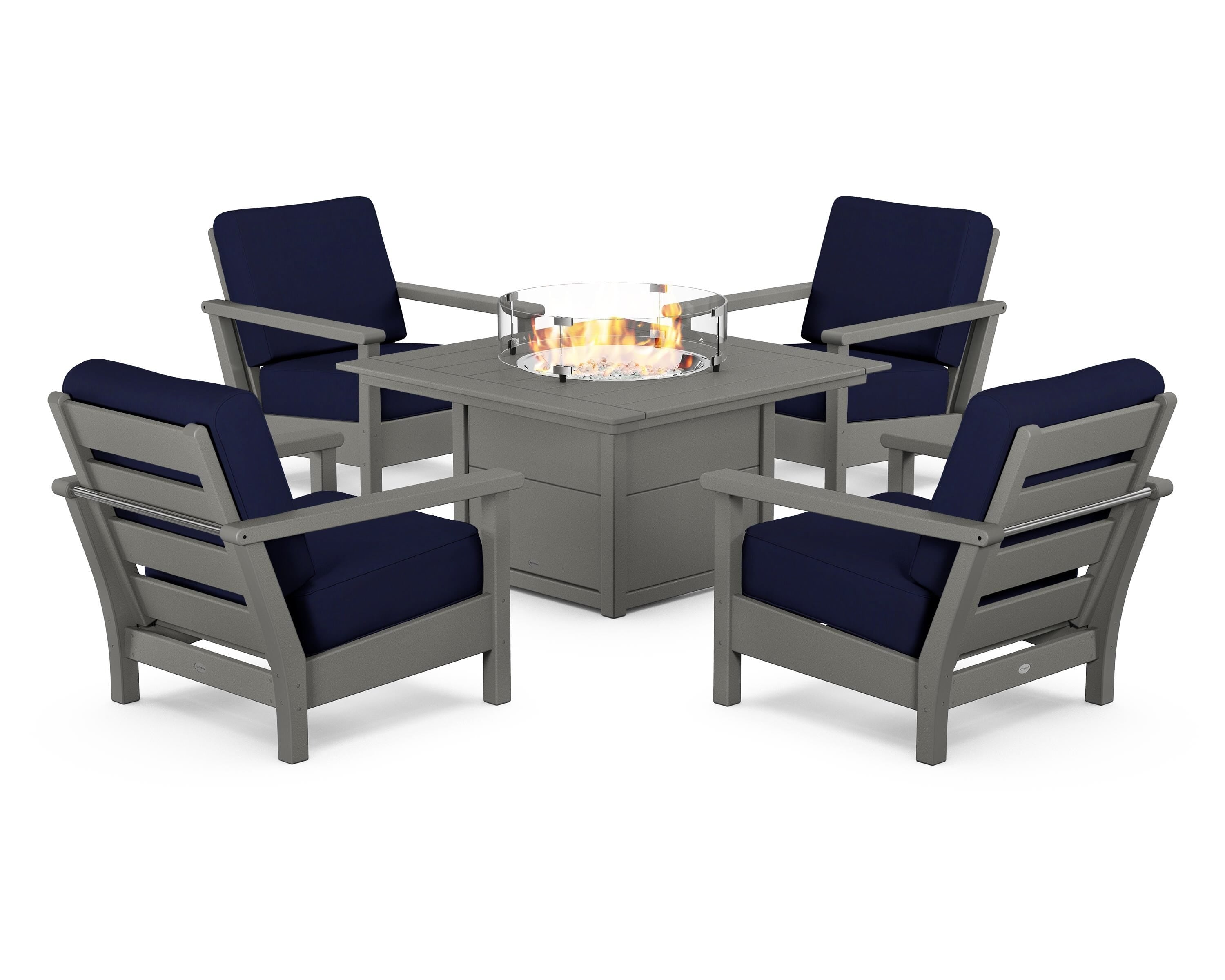 POLYWOOD® Harbour 5-Piece Conversation Set with Fire Pit Table in Slate Grey / Navy
