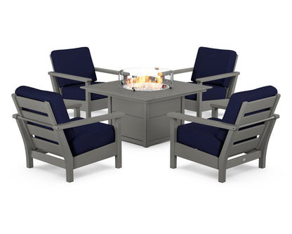 POLYWOOD® Harbour 5-Piece Conversation Set with Fire Pit Table in Slate Grey / Navy