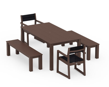 POLYWOOD® EDGE Sling Arm Chair 5-Piece Parsons Dining Set with Benches in Mahogany / Black Sling