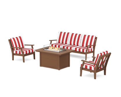 POLYWOOD® Braxton Deep Seating Fire Pit Table Set in Teak / Cabana Stripe Crimson