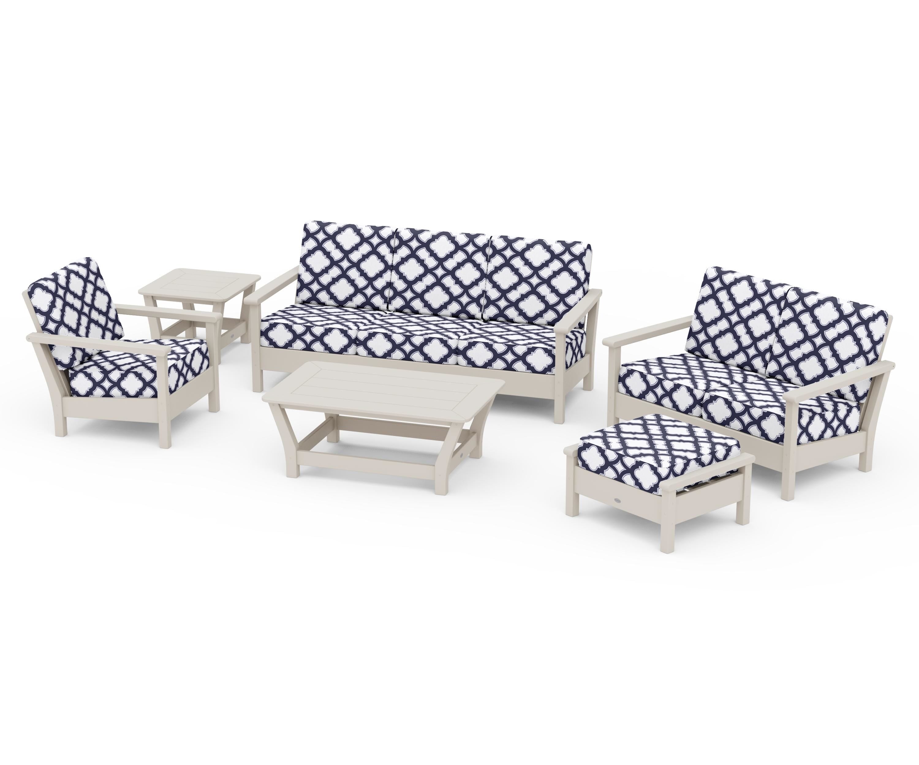 POLYWOOD® Harbour 6-Piece Outdoor Living Set in Sand / Trellis Navy