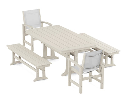 POLYWOOD® Coastal 5-Piece Dining Set with Trestle Legs and Benches in Sand / White Sling