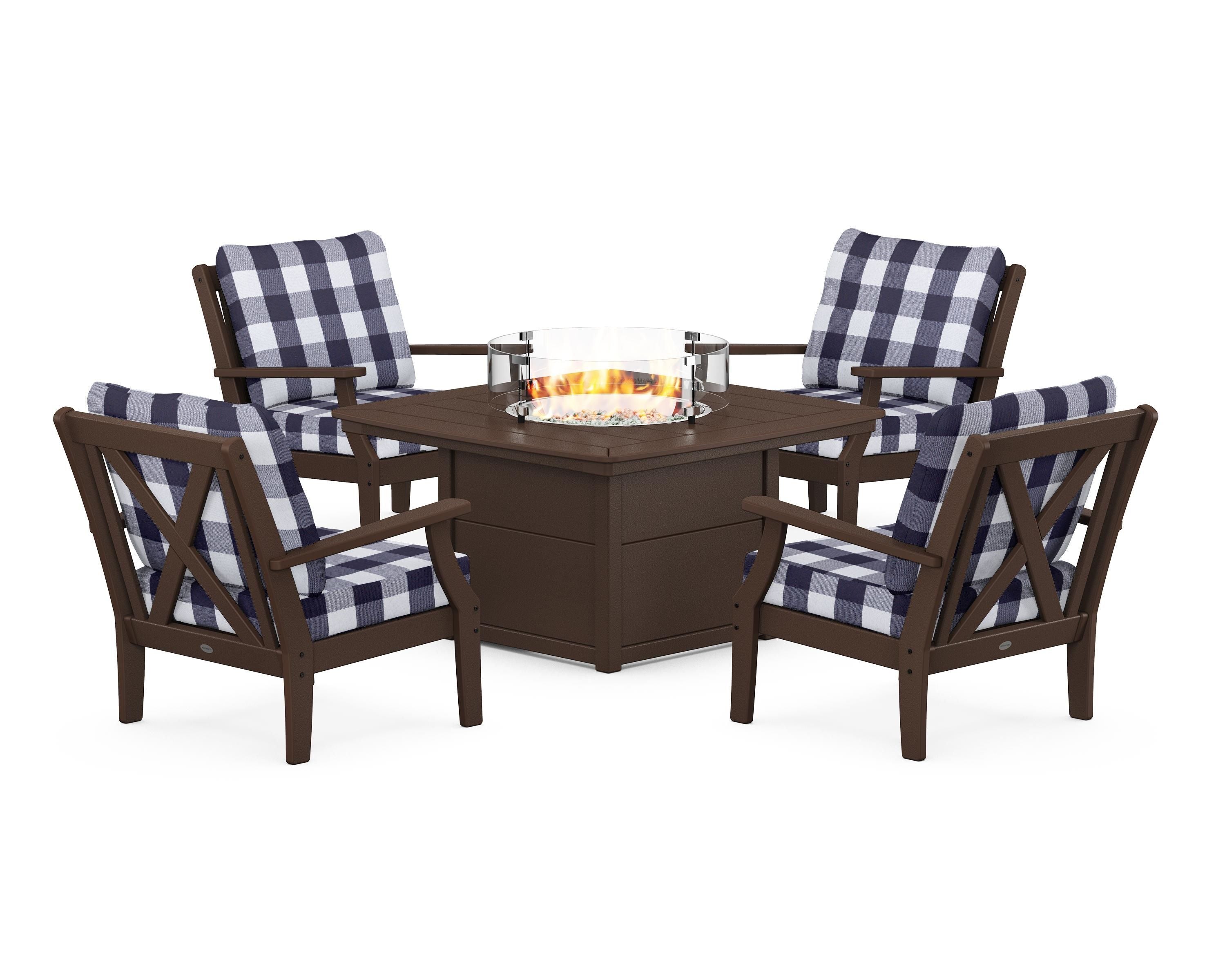 POLYWOOD® Braxton 5-Piece Deep Seating Conversation Set with Fire Pit Table in Mahogany / Buffalo Plaid Navy