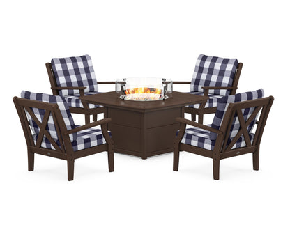 POLYWOOD® Braxton 5-Piece Deep Seating Conversation Set with Fire Pit Table in Mahogany / Buffalo Plaid Navy