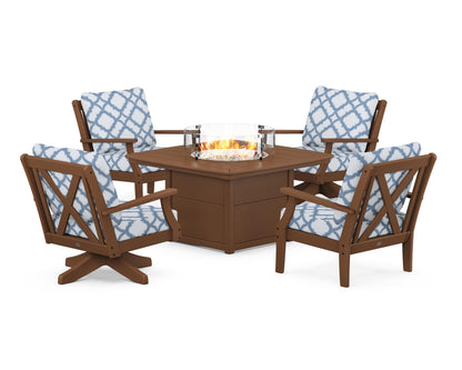 POLYWOOD® Braxton 5-Piece Deep Seating Set with Fire Table in Teak / Trellis Sky Blue