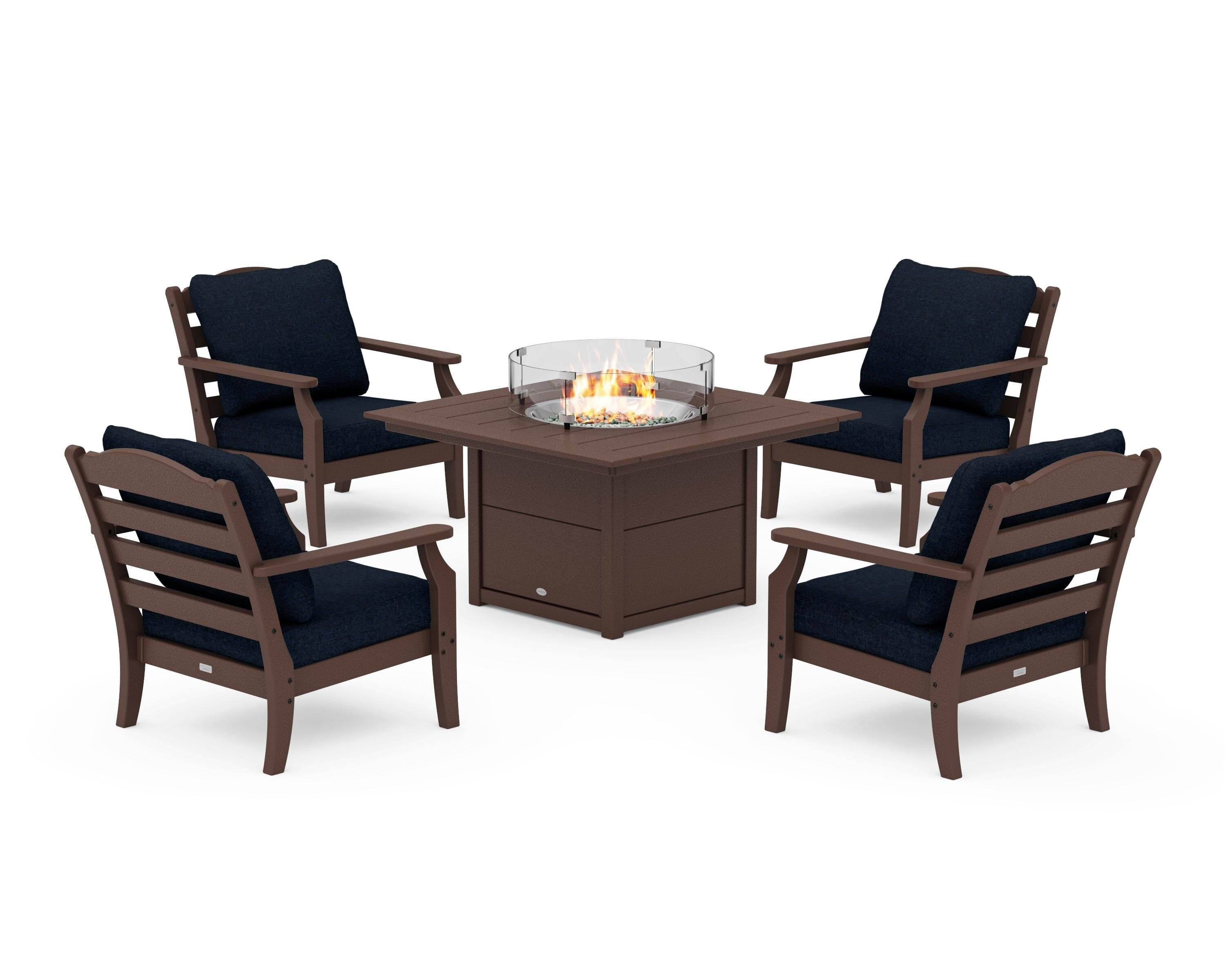 Draper James™ by  POLYWOOD® Savannah 5-Piece Deep Seating Set with Fire Pit Table in Mahogany / Marine Indigo