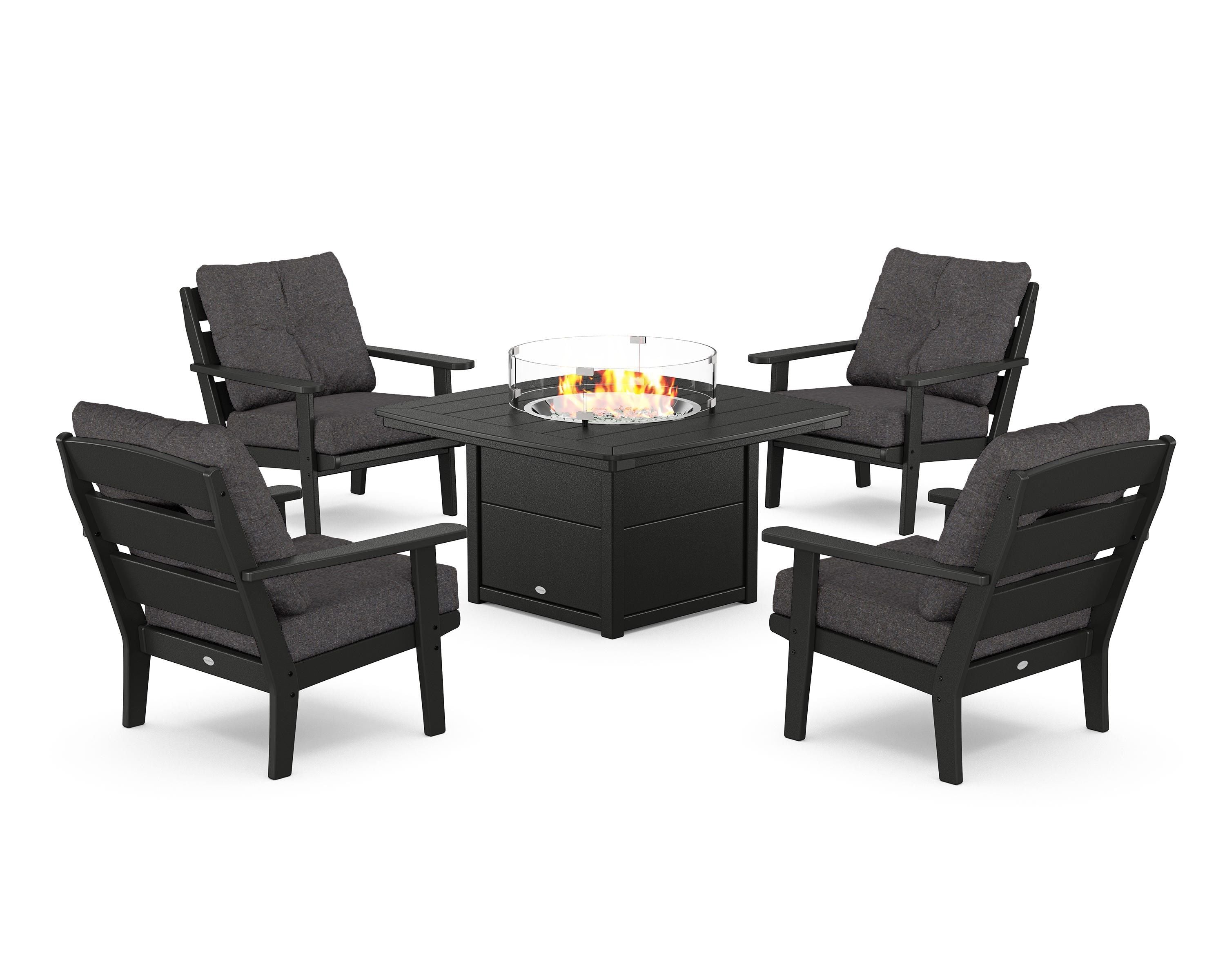 POLYWOOD® Lakeside 5-Piece Deep Seating Set with Nautical Fire Pit Table in Black / Ash Charcoal