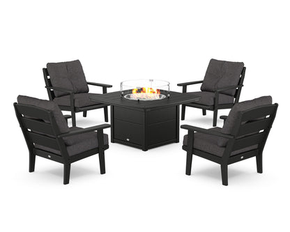 POLYWOOD® Lakeside 5-Piece Deep Seating Set with Nautical Fire Pit Table in Black / Ash Charcoal
