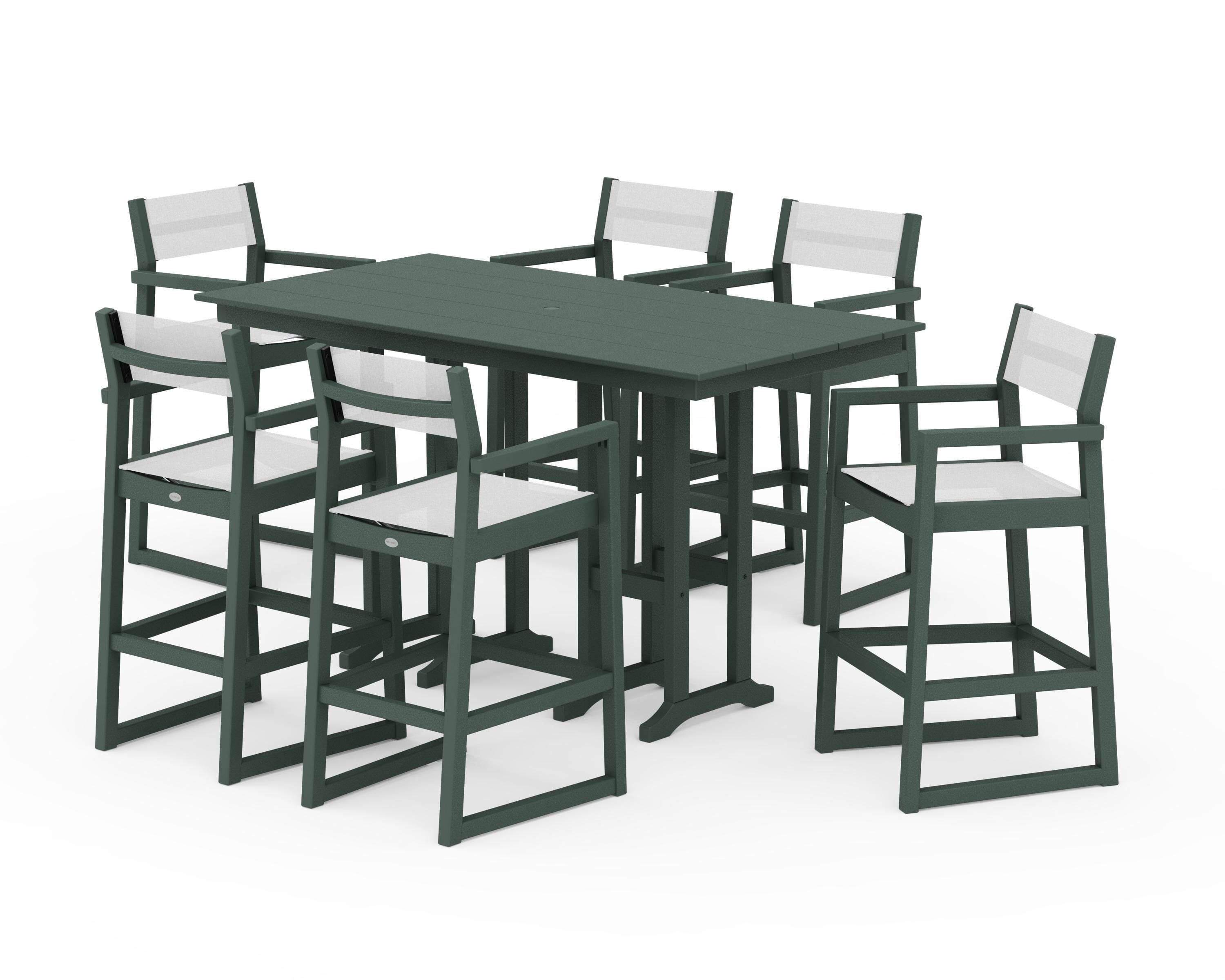 POLYWOOD® EDGE Sling Arm Chair 7-Piece Farmhouse Bar Set in Green / White Sling