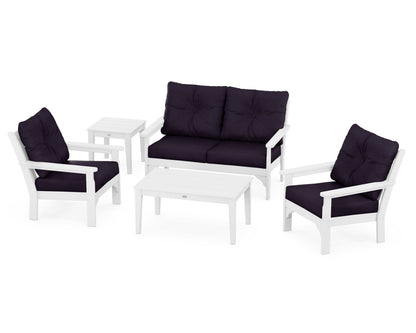 POLYWOOD® Vineyard 5-Piece Deep Seating Set in White / Navy Linen