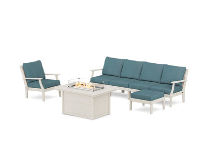 POLYWOOD® Braxton Sectional Lounge and Fire Pit Set in Sand / Ocean Teal