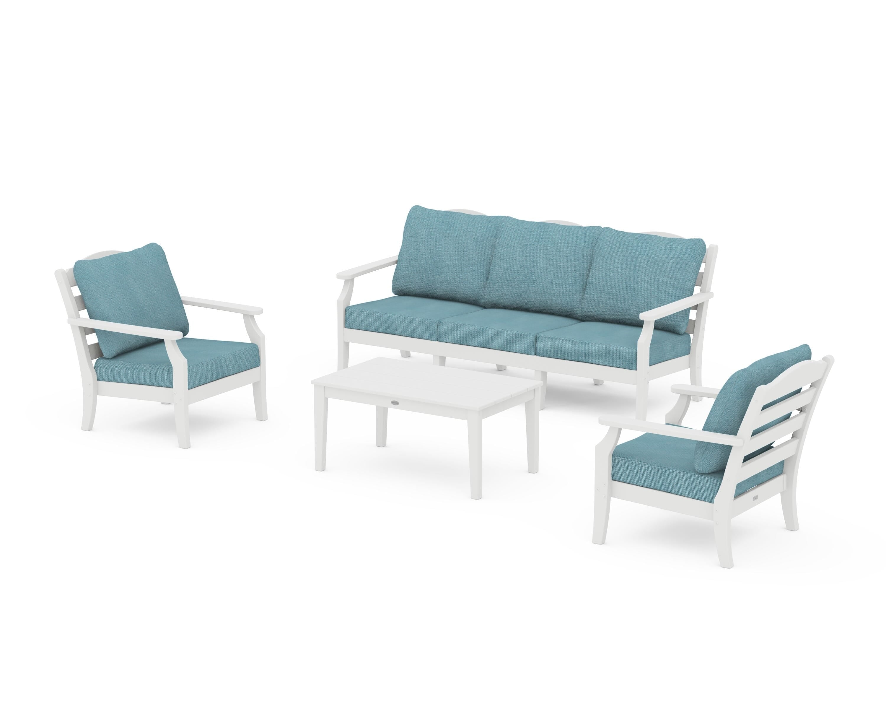 Draper James™ by  POLYWOOD® Savannah 4-Piece Deep Seating Set with Sofa in White / Lattice Sky Blue