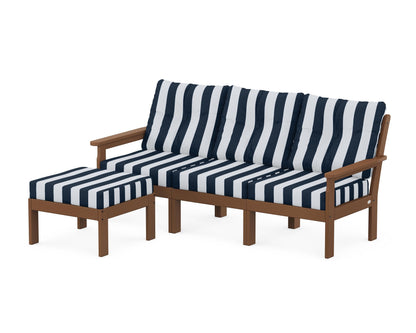 POLYWOOD® Vineyard 4-Piece Sectional with Ottoman in Teak / Cabana Stripe Marine Indigo