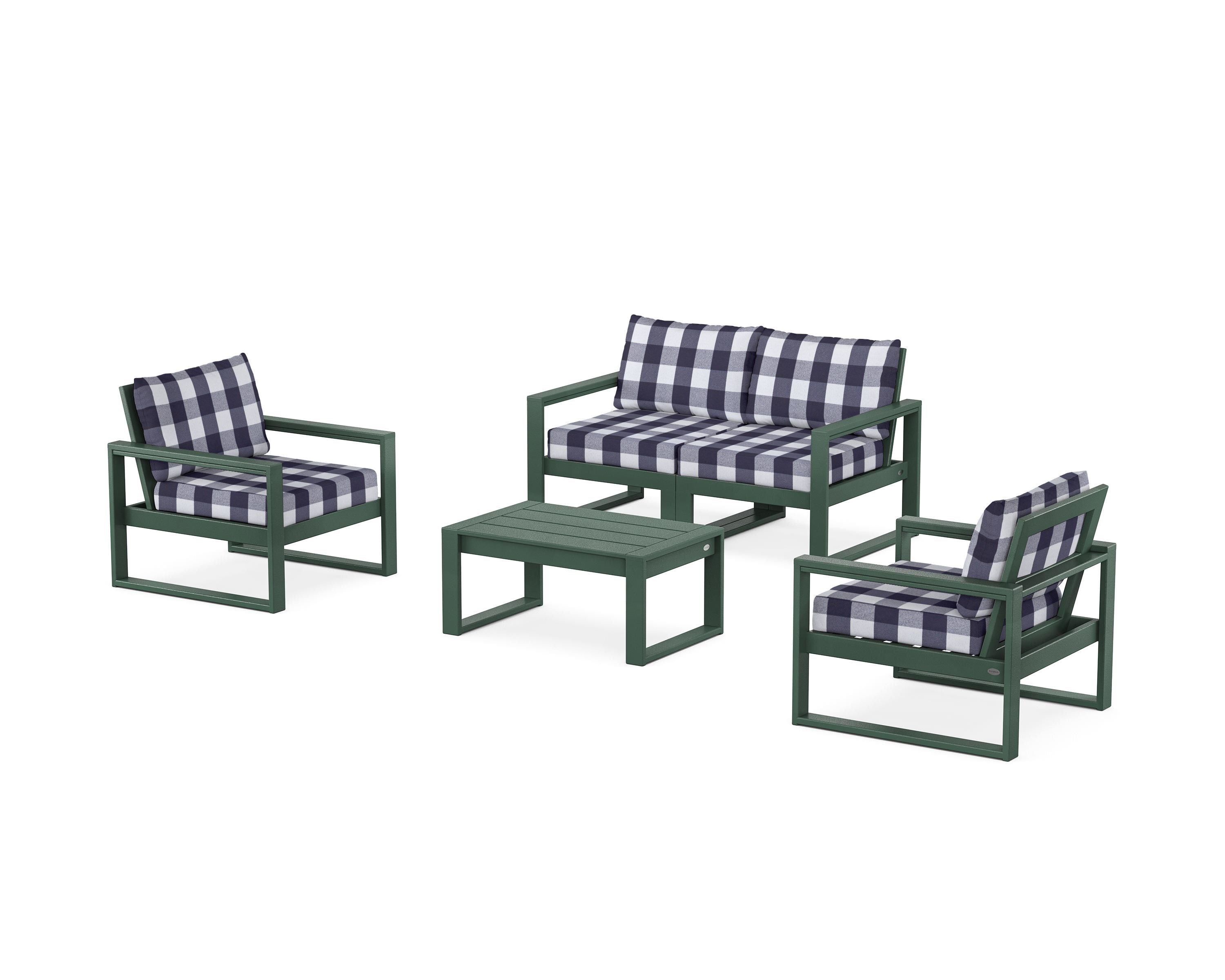 POLYWOOD® EDGE Sectional 4-Piece Deep Seating Set with Loveseat in Green / Buffalo Plaid Navy