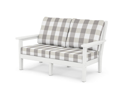 POLYWOOD® Chippendale Deep Seating Loveseat in White / Buffalo Plaid Grey Mist