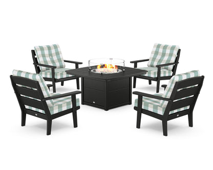 POLYWOOD® Lakeside 5-Piece Deep Seating Set with Nautical Fire Pit Table in Black / Buffalo Plaid Glacier Spa