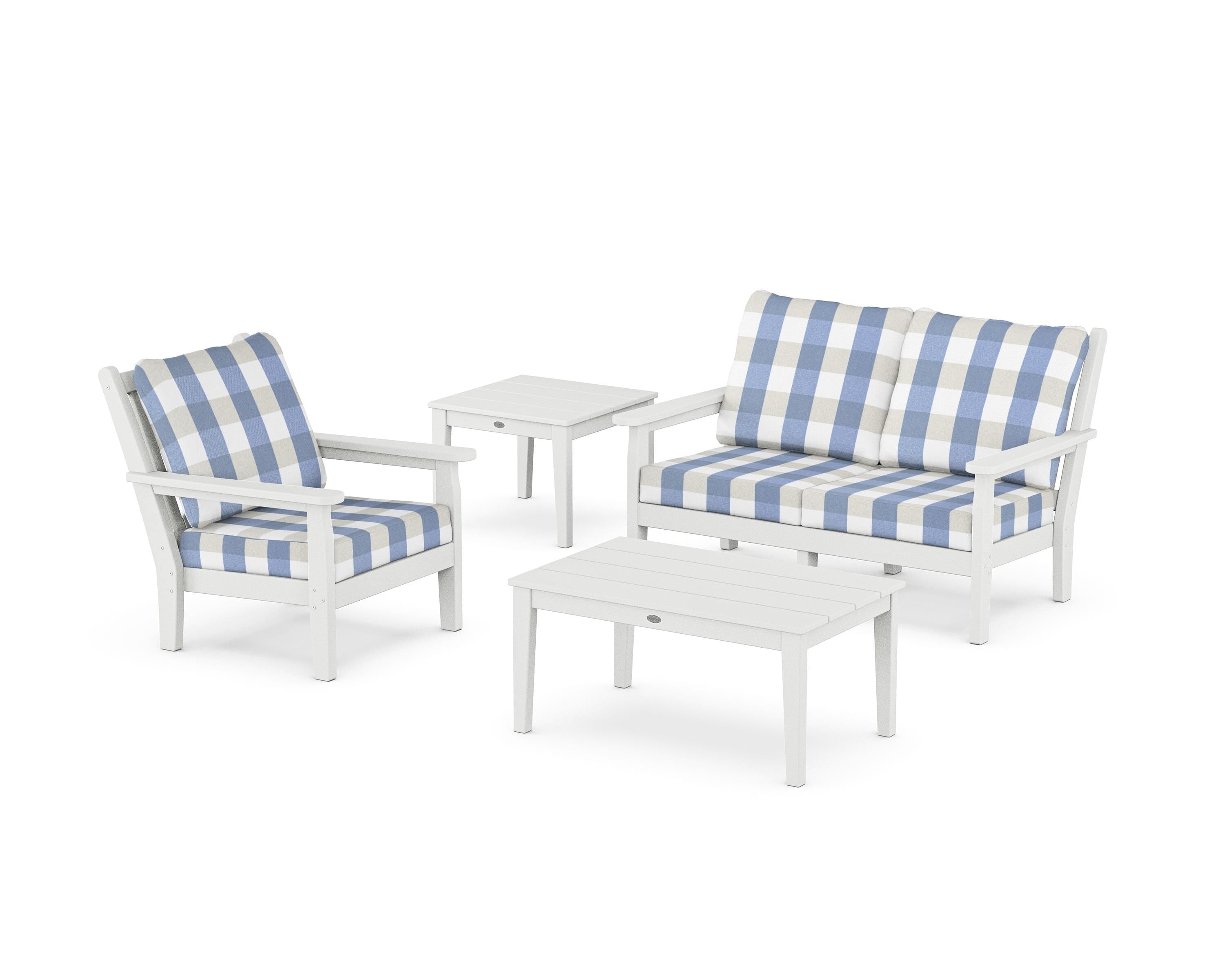 POLYWOOD® Chippendale 4-Piece Deep Seating Set in White / Buffalo Plaid Sky Blue