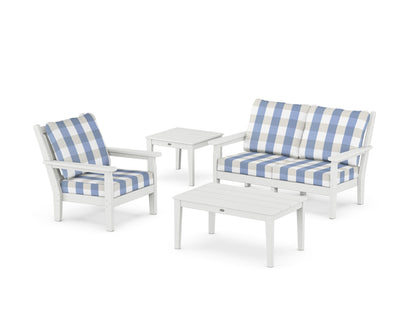 POLYWOOD® Chippendale 4-Piece Deep Seating Set in White / Buffalo Plaid Sky Blue