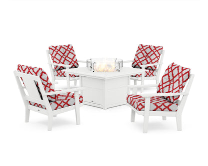 POLYWOOD® Prairie 5-Piece Deep Seating Set with Fire Pit Table in White / Trellis Crimson