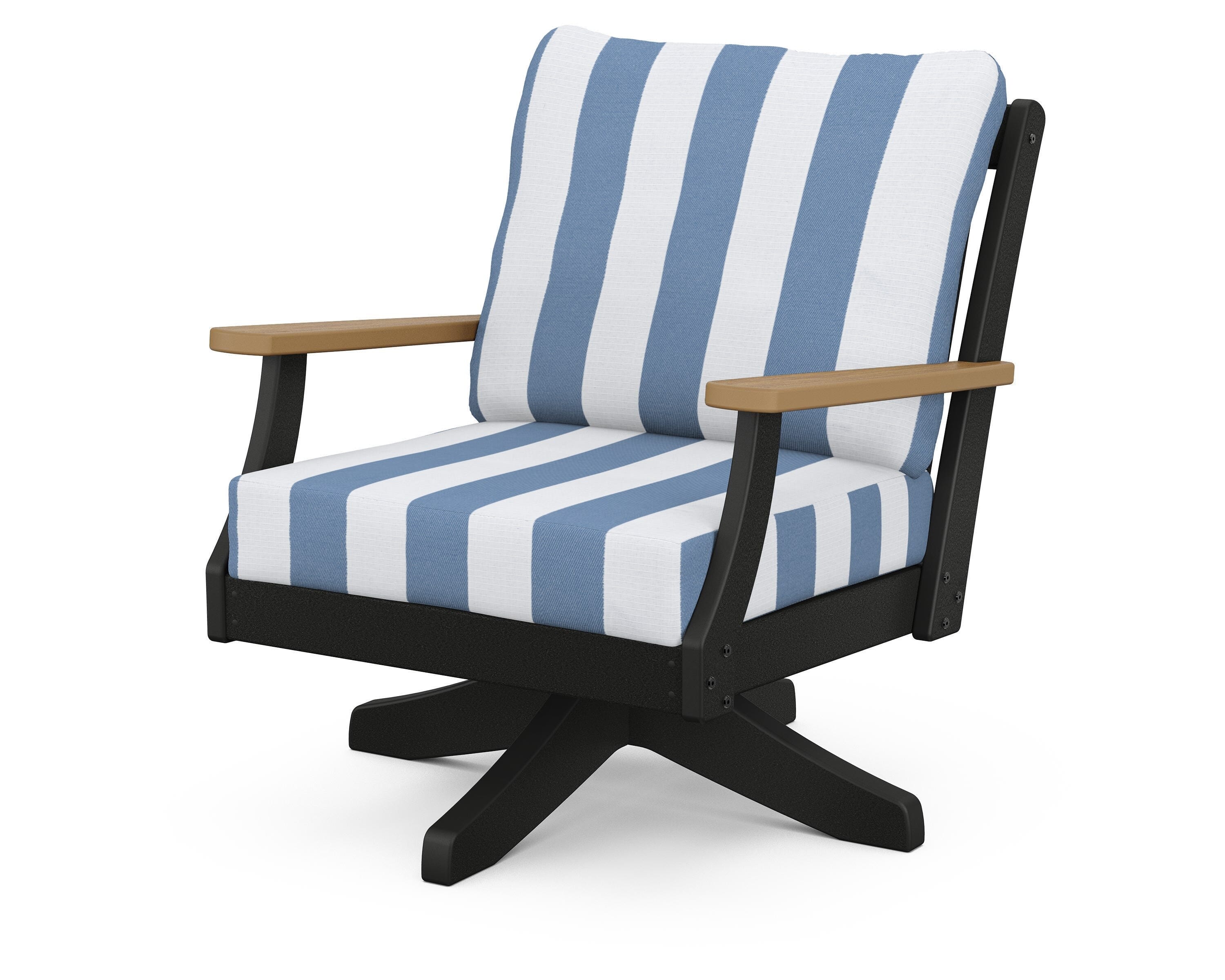 POLYWOOD® Braxton Deep Seating Swivel Chair in Black / Natural / Cabana Stripe Sky Blue