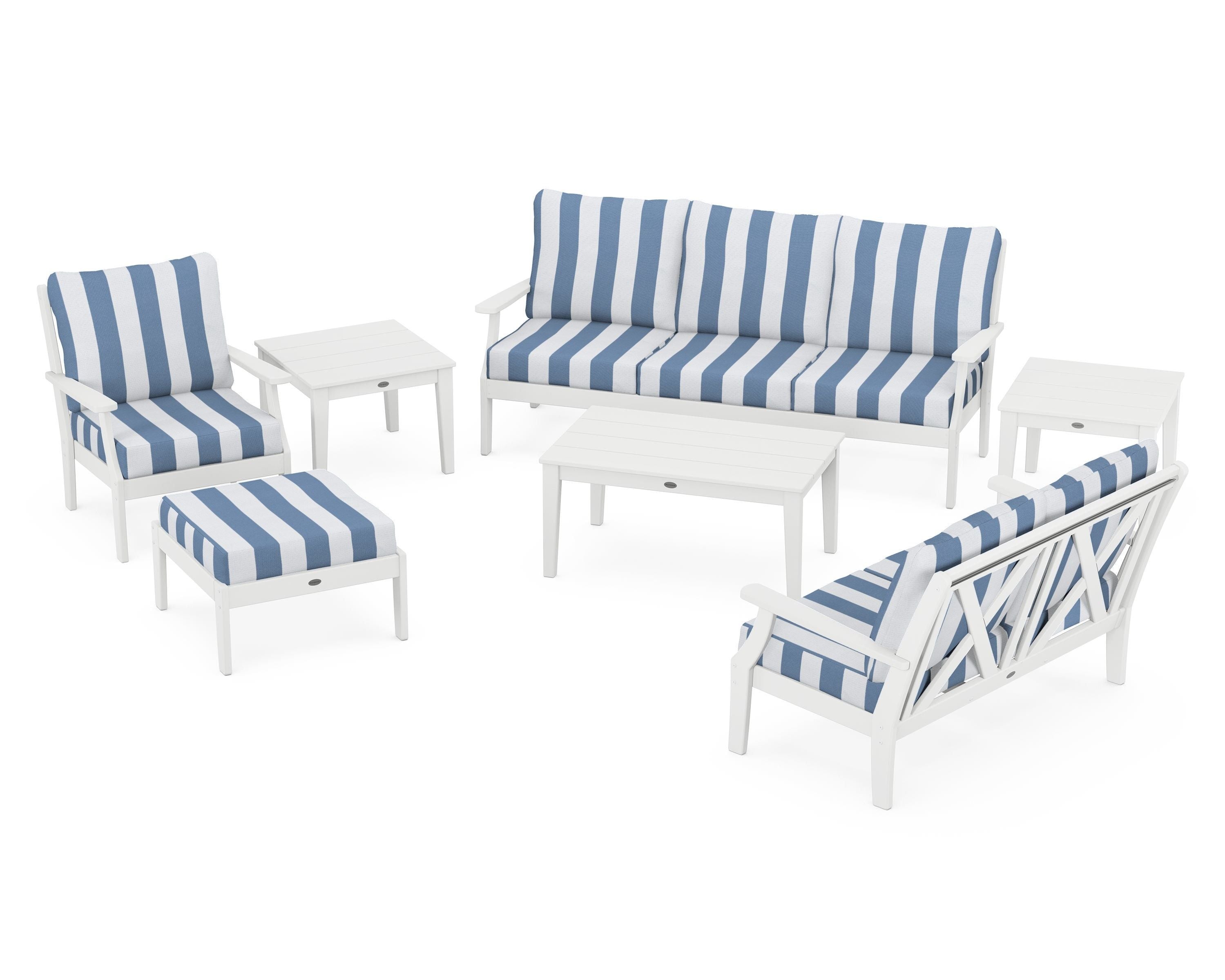POLYWOOD® Braxton 7-Piece Deep Seating Set in White / Cabana Stripe Sky Blue