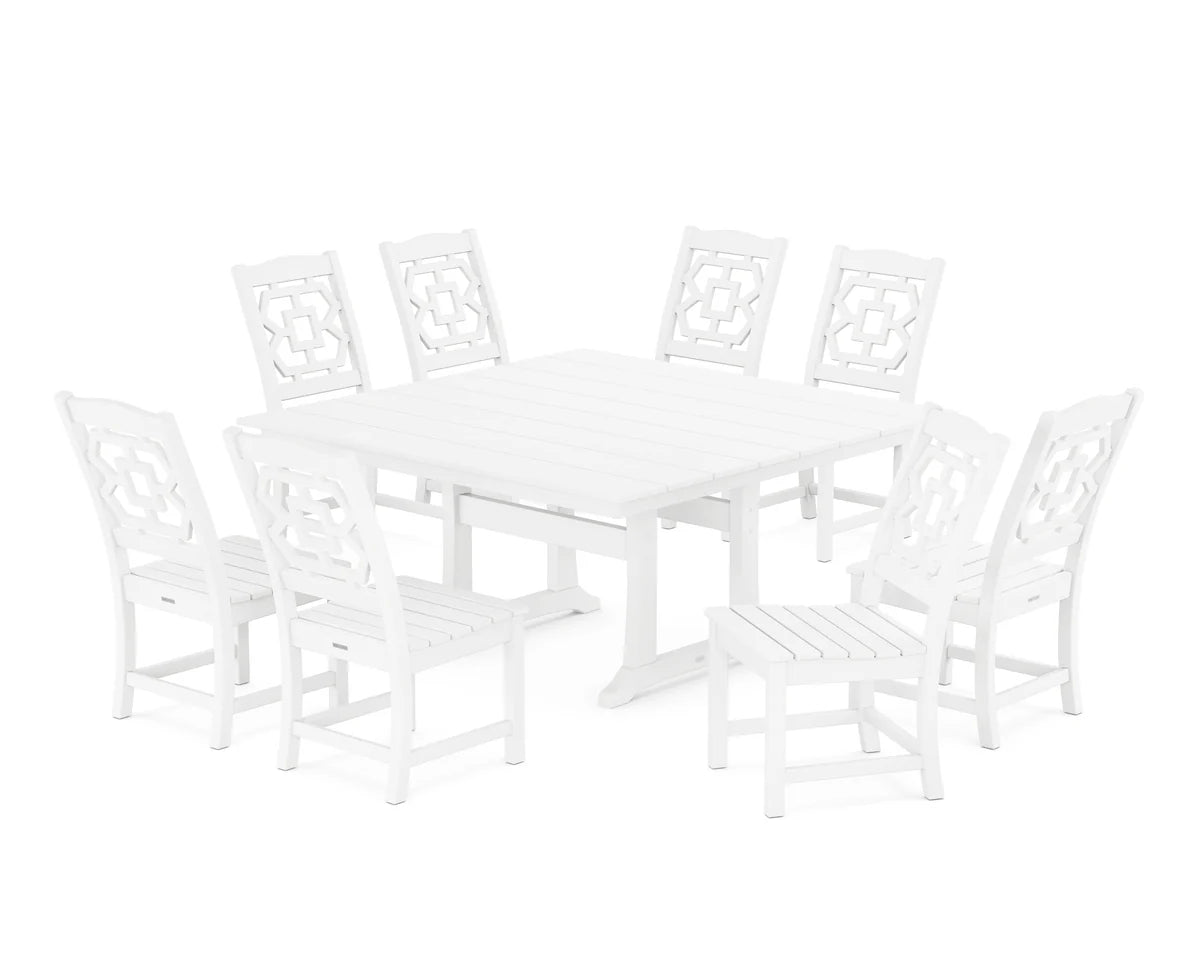 Chinoiserie 9-Piece Square Farmhouse Side Chair Dining Set with Trestle Legs