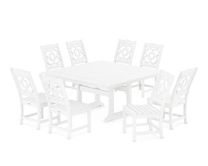Chinoiserie 9-Piece Square Farmhouse Side Chair Dining Set with Trestle Legs
