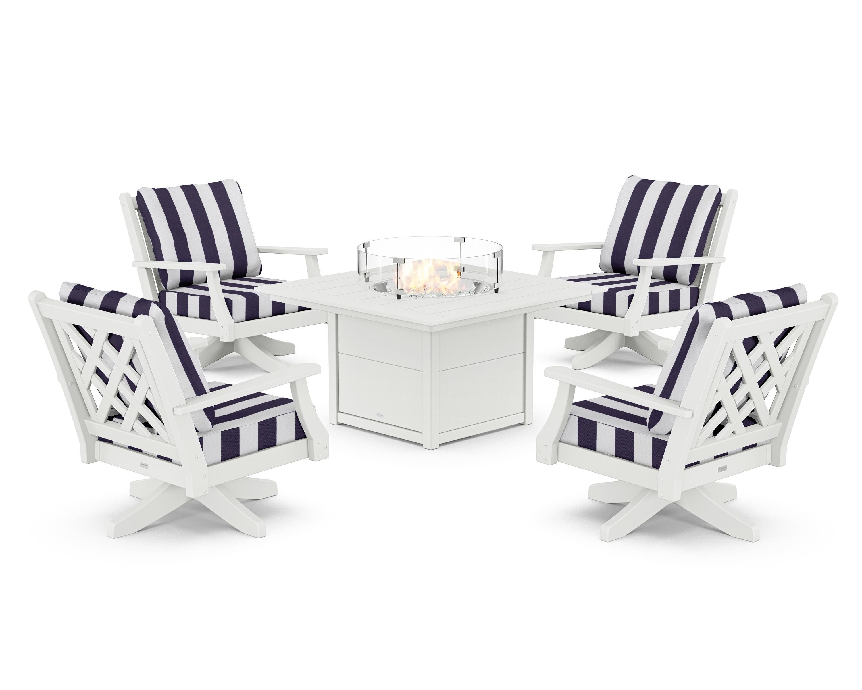 Country Living Wovendale 5-Piece Deep Seating Swivel Conversation Set with Fire Pit Table in White / Cabana Stripe Navy