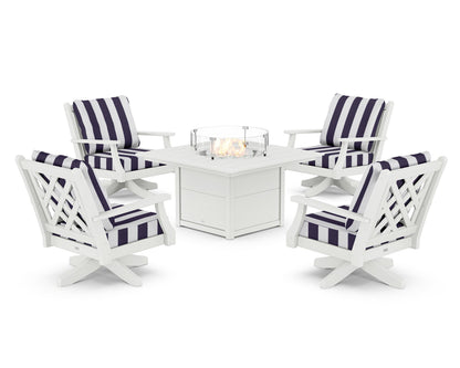 Country Living Wovendale 5-Piece Deep Seating Swivel Conversation Set with Fire Pit Table in White / Cabana Stripe Navy