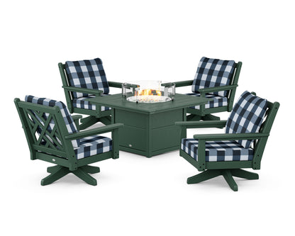POLYWOOD® Chippendale 5-Piece Deep Seating Swivel Conversation Set with Fire Pit Table in Green / Buffalo Plaid Marine Indigo