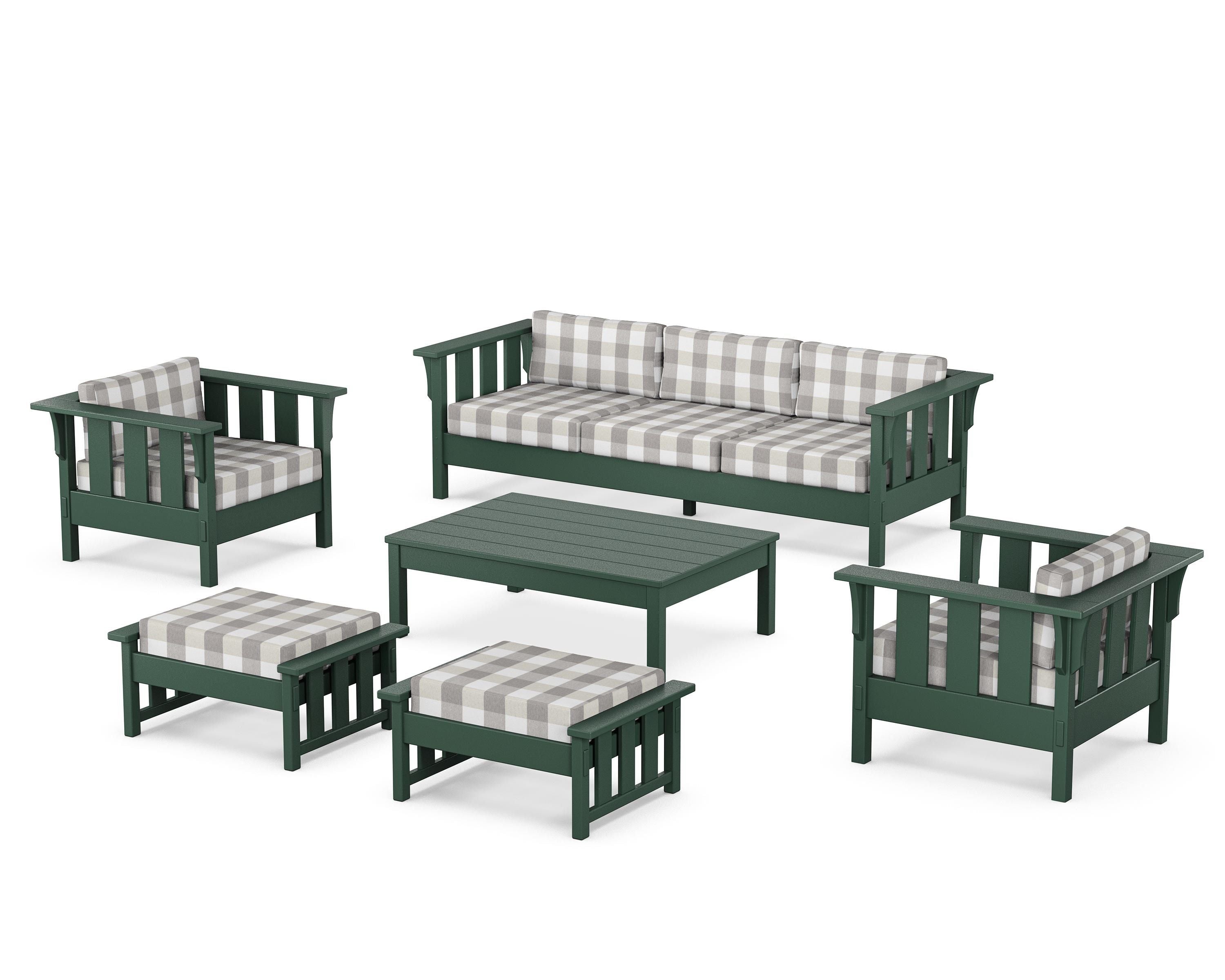 Martha Stewart by POLYWOOD® Acadia 6-Piece Lounge Sofa Set in Green / Buffalo Plaid Grey Mist