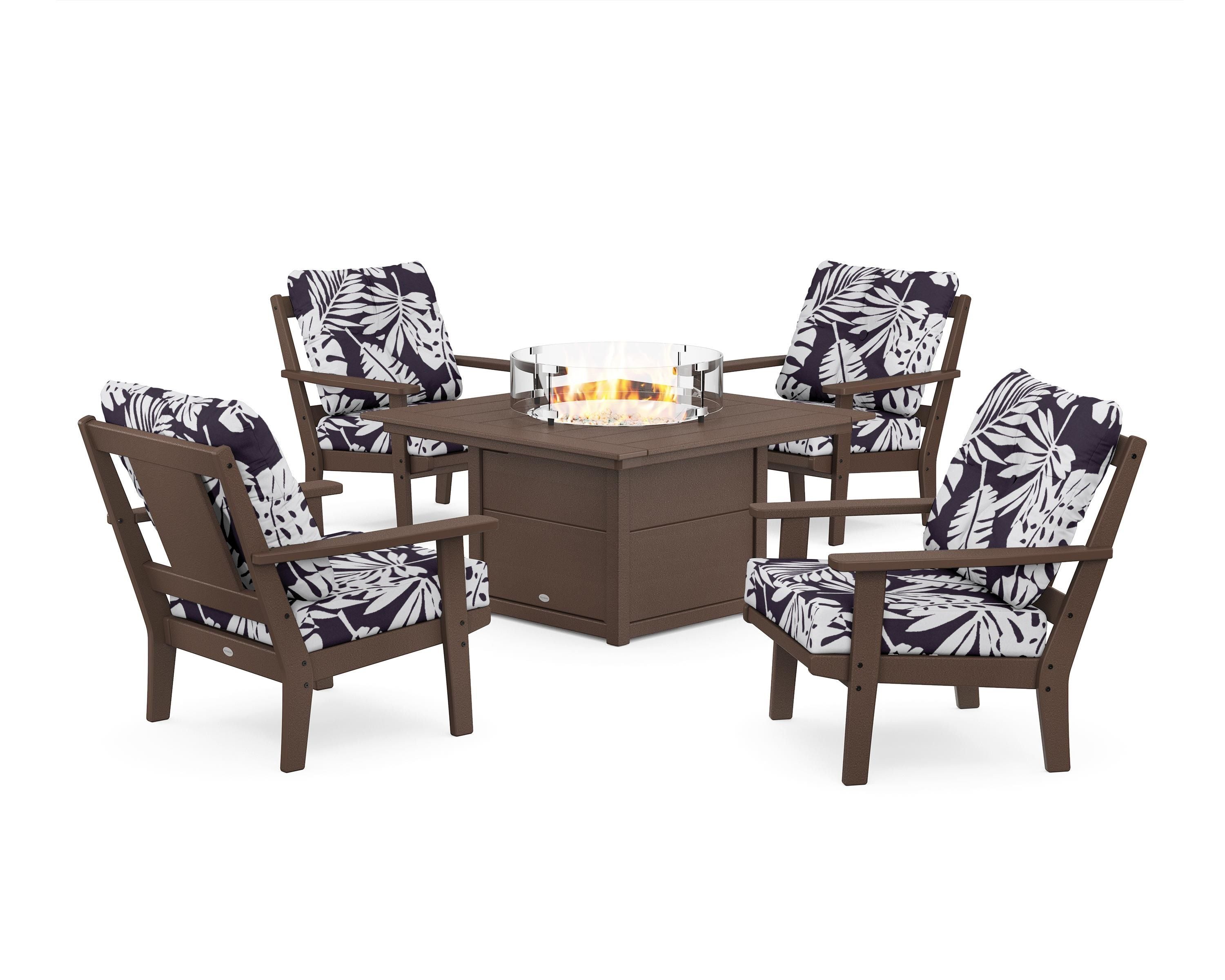 POLYWOOD® Prairie 5-Piece Deep Seating Set with Fire Pit Table in Mahogany / Leaf Navy