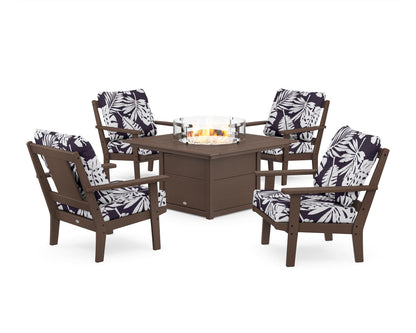 POLYWOOD® Prairie 5-Piece Deep Seating Set with Fire Pit Table in Mahogany / Leaf Navy