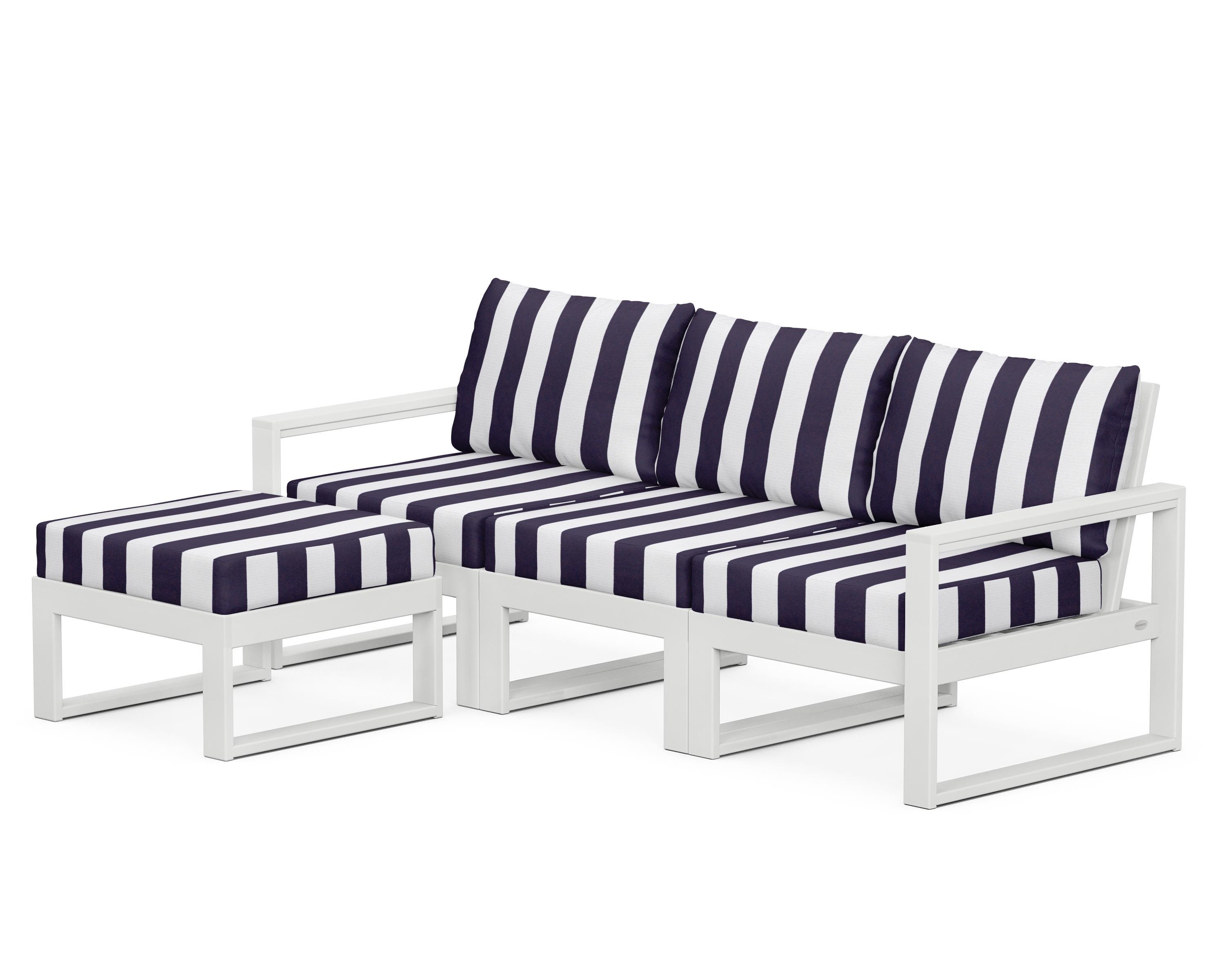 POLYWOOD® EDGE 4-Piece Modular Deep Seating Set with Ottoman in White / Cabana Stripe Navy