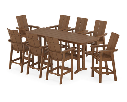 POLYWOOD® Modern Curveback Adirondack 9-Piece Farmhouse Bar Set with Trestle Legs in Teak
