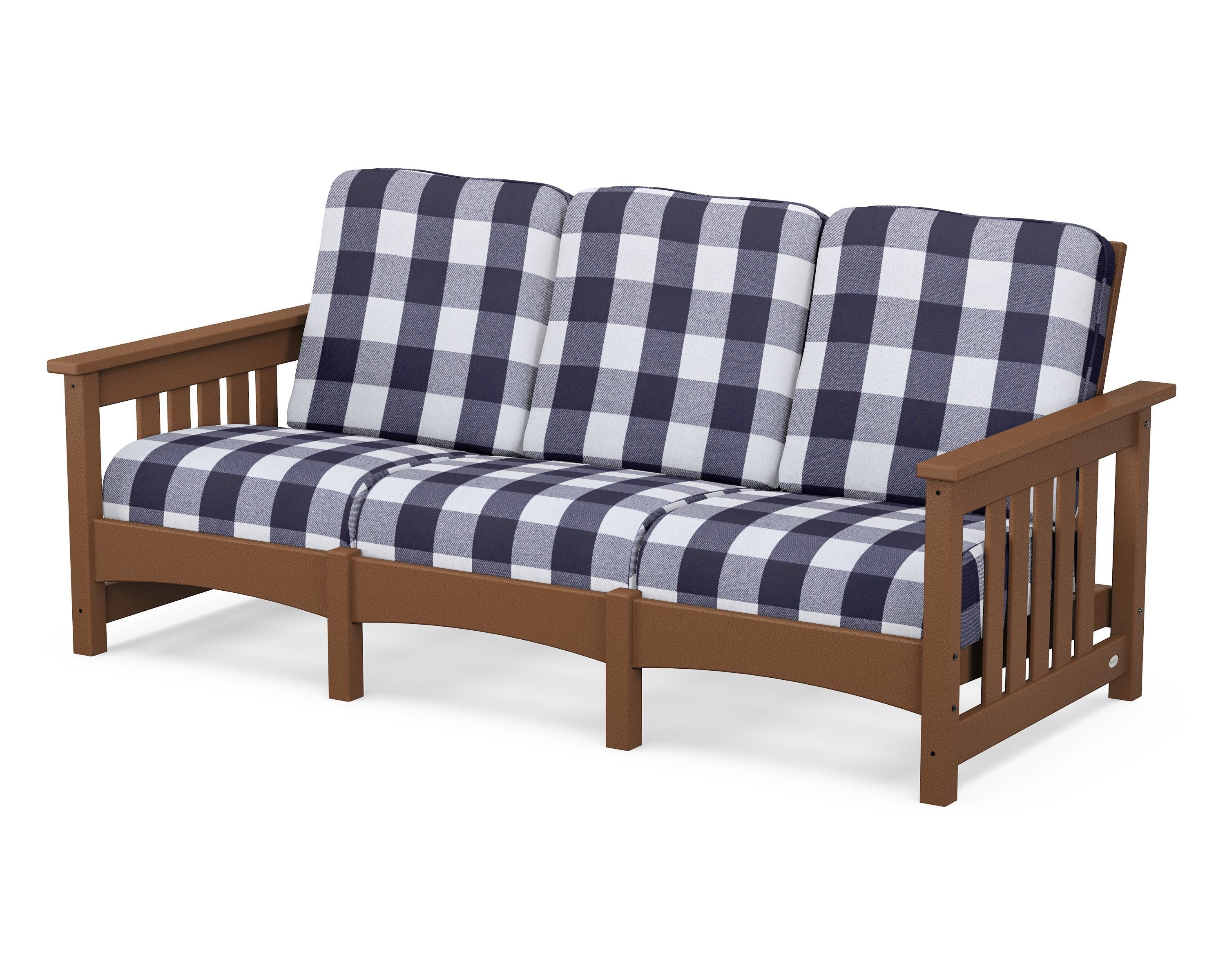 POLYWOOD® Club Mission Sofa in Teak / Buffalo Plaid Navy