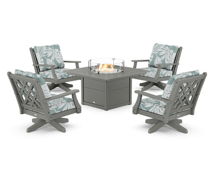 Country Living Wovendale 5-Piece Deep Seating Swivel Conversation Set with Fire Pit Table in Slate Grey / Leaf Glacier Spa