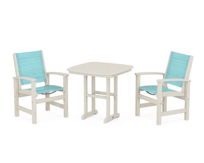POLYWOOD® Coastal 3-Piece Dining Set in Sand / Dupioni Aquamarine Sling