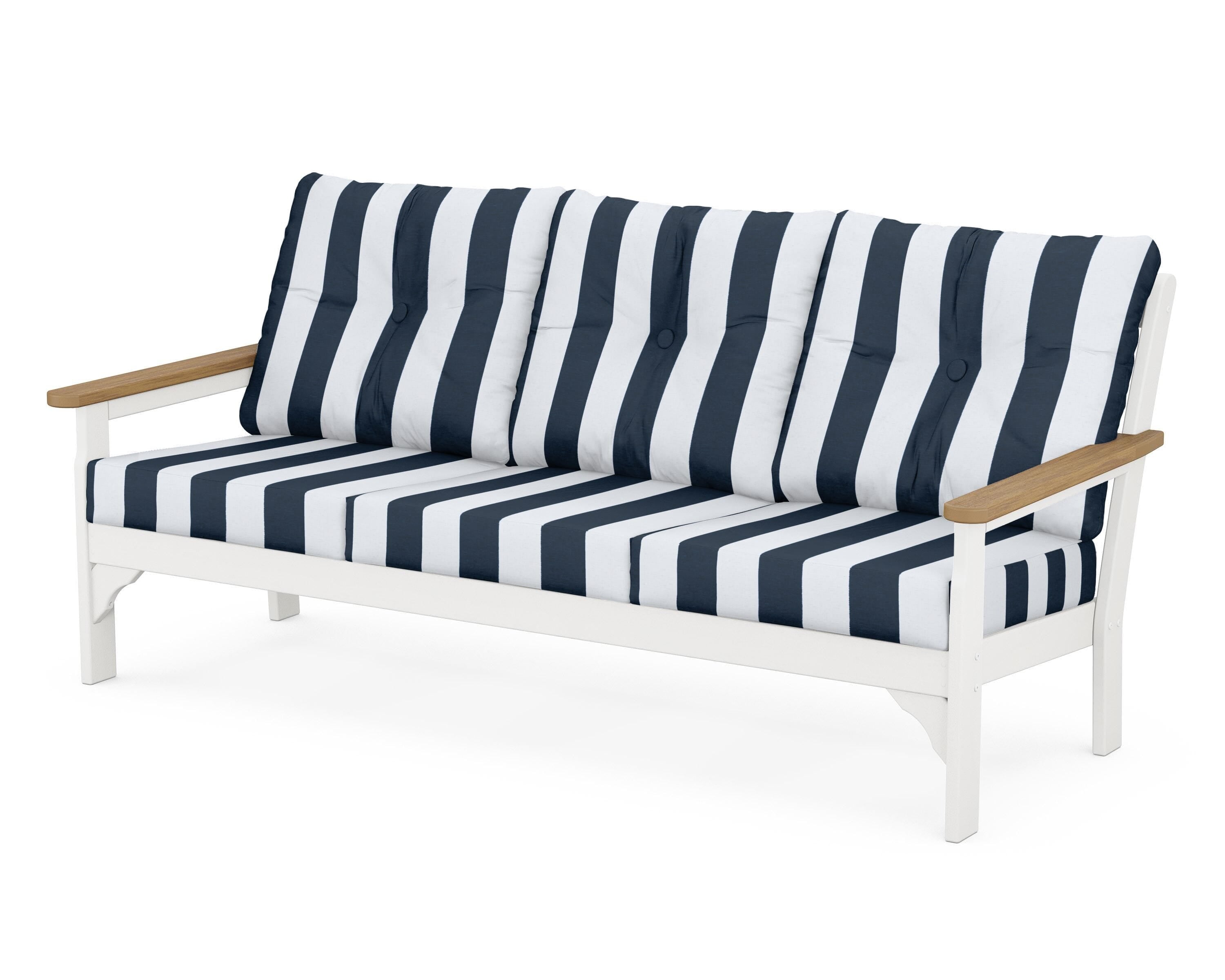 POLYWOOD® Vineyard Deep Seating Sofa in White / Natural / Cabana Stripe Marine Indigo