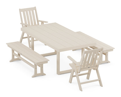 POLYWOOD® Vineyard Folding Chair 5-Piece Dining Set with Benches in Sand