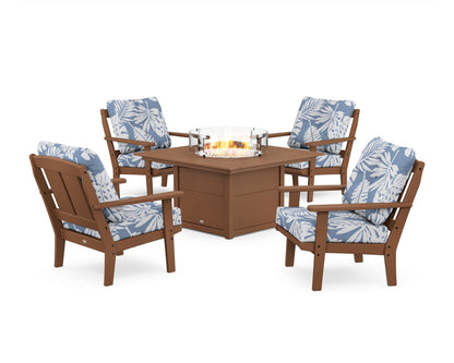 POLYWOOD® Mission 5-Piece Deep Seating Set with Fire Pit Table in Teak / Leaf Sky Blue